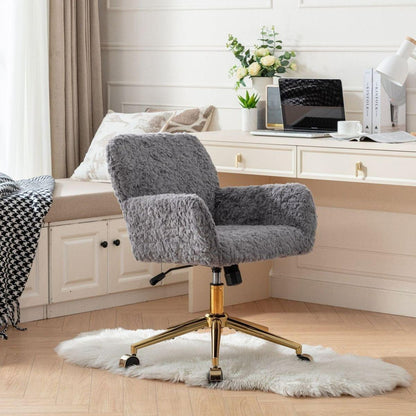 Office Chair,Artificial rabbit hair Home Office Chair with Golden Metal Base,Adjustable Desk Chair Swivel Office Chair,Vanity Chair(Gray)