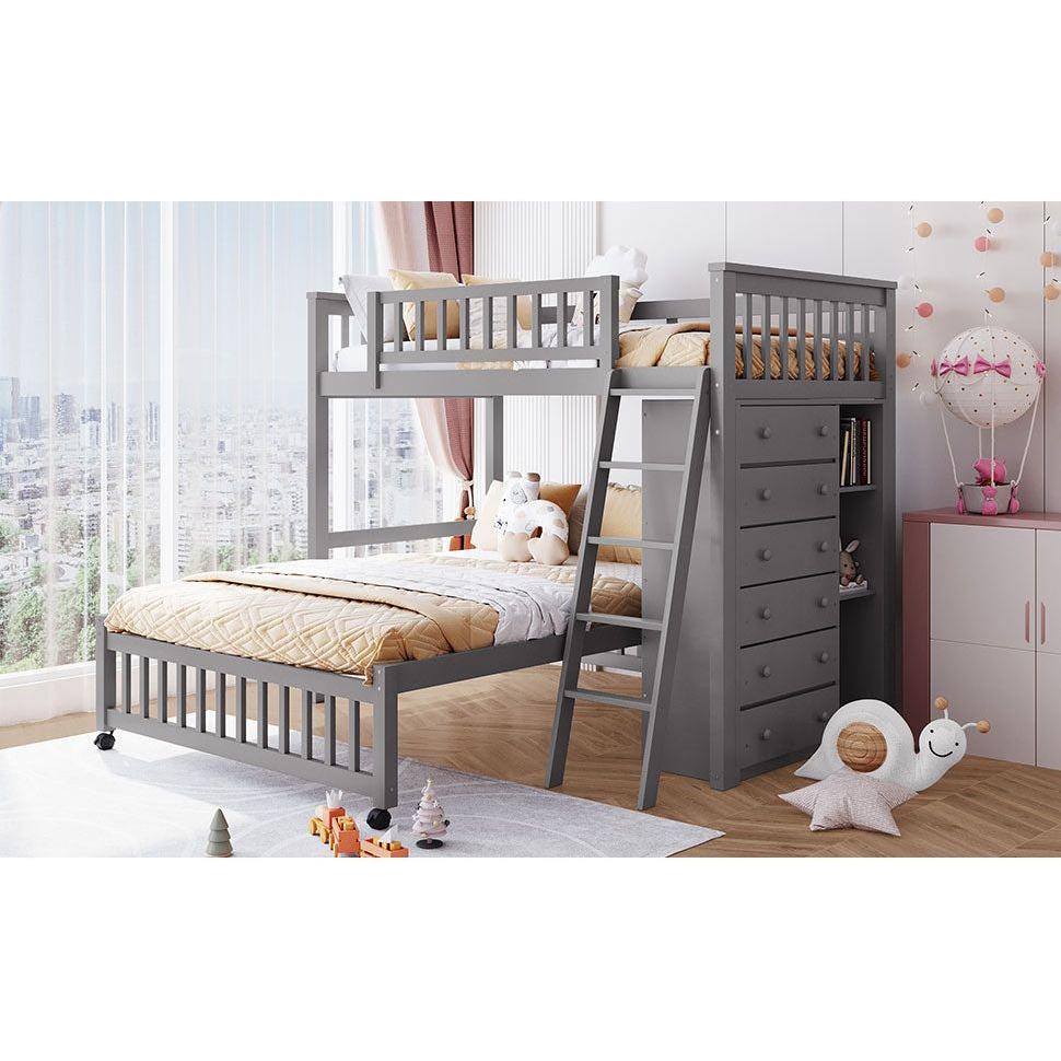 Wooden Twin Over Full Bunk Bed With Six Drawers And Flexible Shelves,Bottom Bed With Wheels,Gray