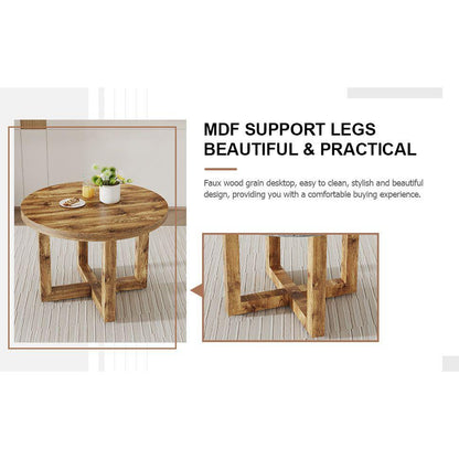 A modern and practical circular dining table. Made of MDF tabletop and wooden MDF table legs. A set of 4 brown cushioned chairs.