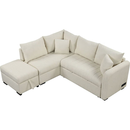 82.6" L-shaped Sectional Pull Out Sofa Bed Sleeper Sofa with Two USB Ports, Two Power Sockets and a Movable Storage Ottoman, Beige