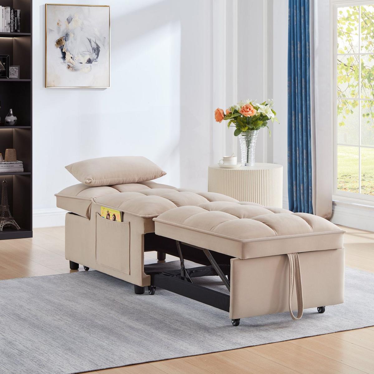 4 in1 Multi-Function Single Sofa Bed with Storage Pockets,Tufted Single Pull-out Sofa Bed with Adjustable Backrest and Pillows, Convertible Chaise Lounge,Taupe
