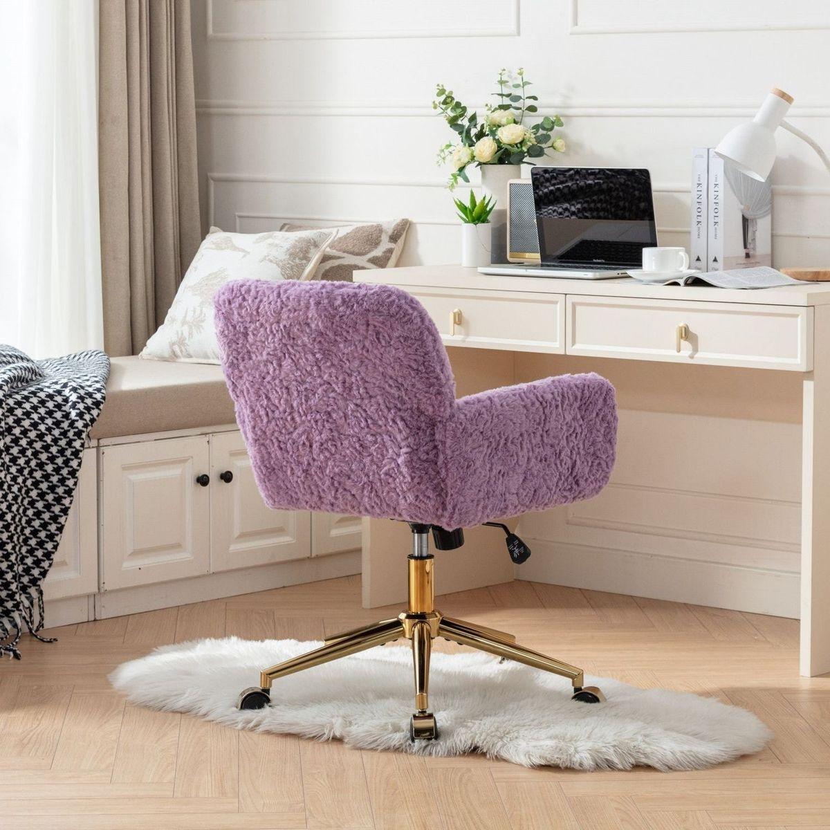 Office Chair,Artificial rabbit hair Home Office Chair with Golden Metal Base,Adjustable Desk Chair Swivel Office Chair,Vanity Chair(Violet) - Streamdale Furniture