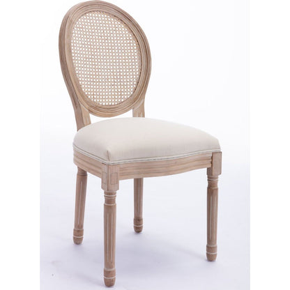 French Style Solid Wood Frame Antique Painting Linen Fabric Rattan Back Dining Chair,Set of 2,Cream