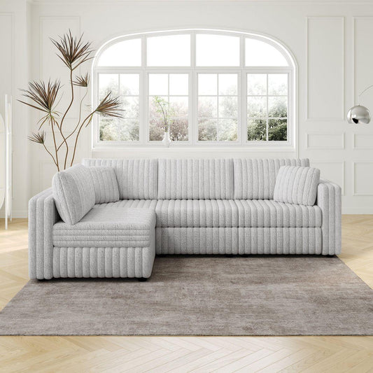 106.3' Soft  L-shaped 4-Person Sofa. Comfortable & Stylish. Matches Bedroom & Living Room. Light gray. Modern plush furniture. Modular design for versatility. L-shape offers unique style a