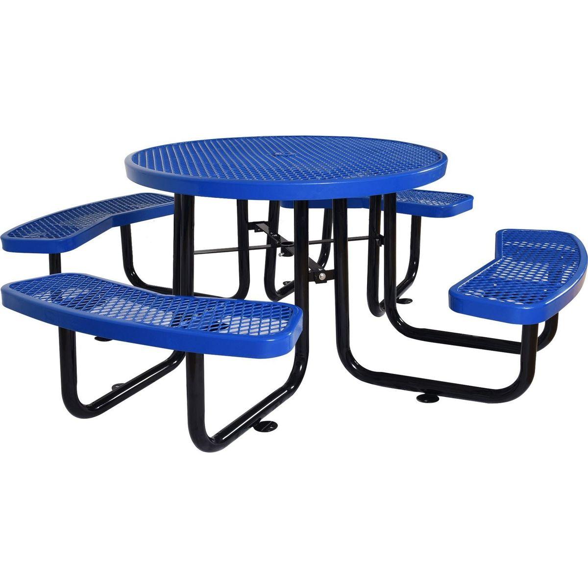 Round Outdoor Steel Picnic Table 46" blue, with umbrella pole