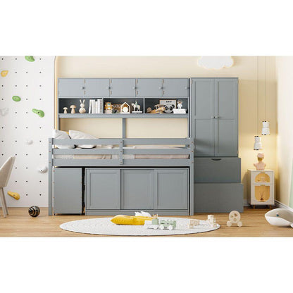 Full Size Wooden Loft Bed Big Storage with Under-bed Desk, with Drawers, with Shelves, Gray