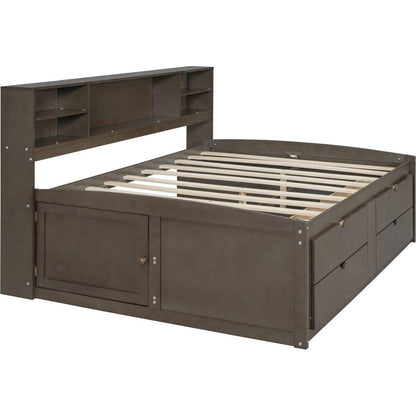 Full Size Wood Daybed with 2 Bedside Cabinets, Upper Shelves and 4 Drawers, Antique Brown