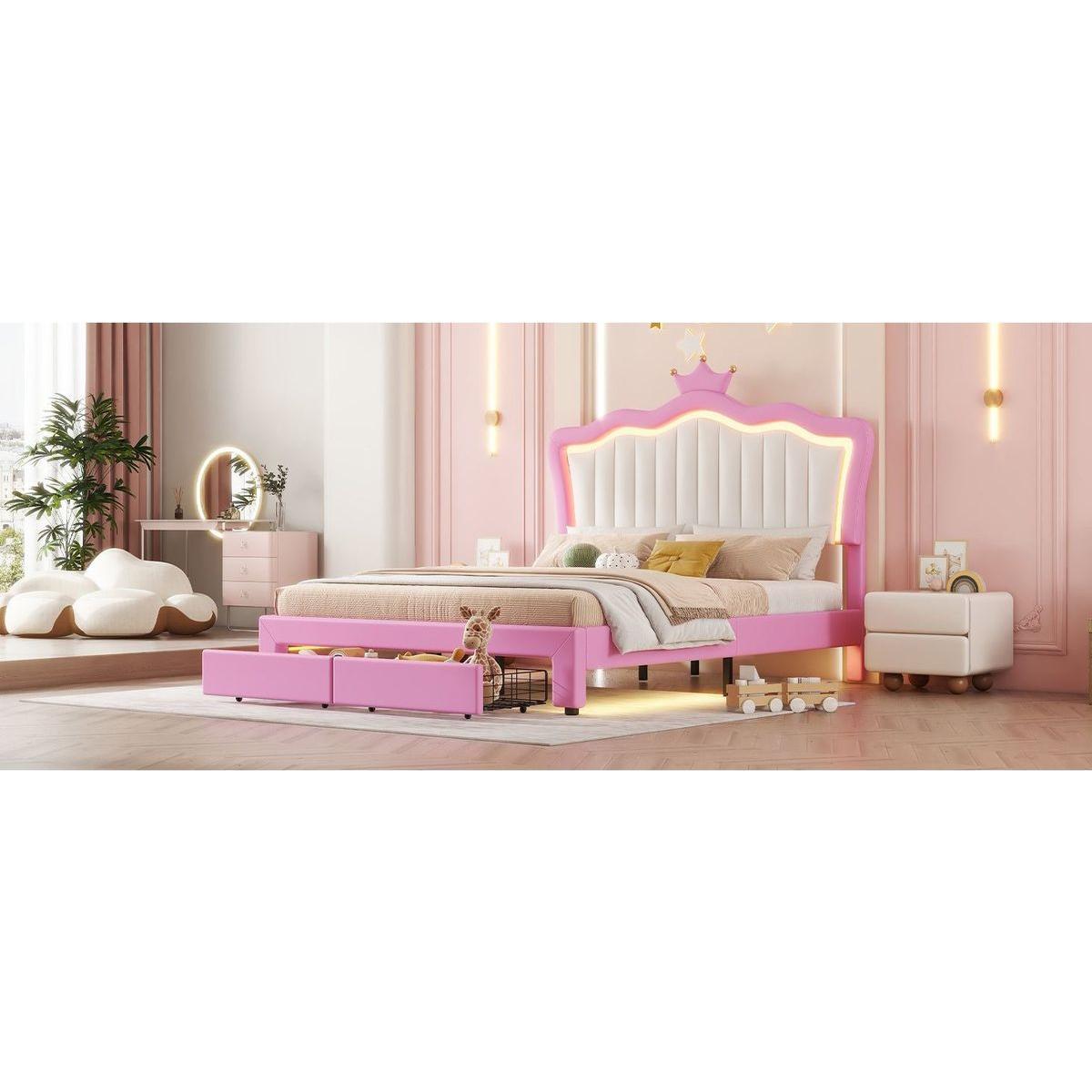 Full Size Upholstered Bed Frame with LED Lights, Modern Upholstered Princess Bed with Crown Headboard, 2 Drawers, Pink+White