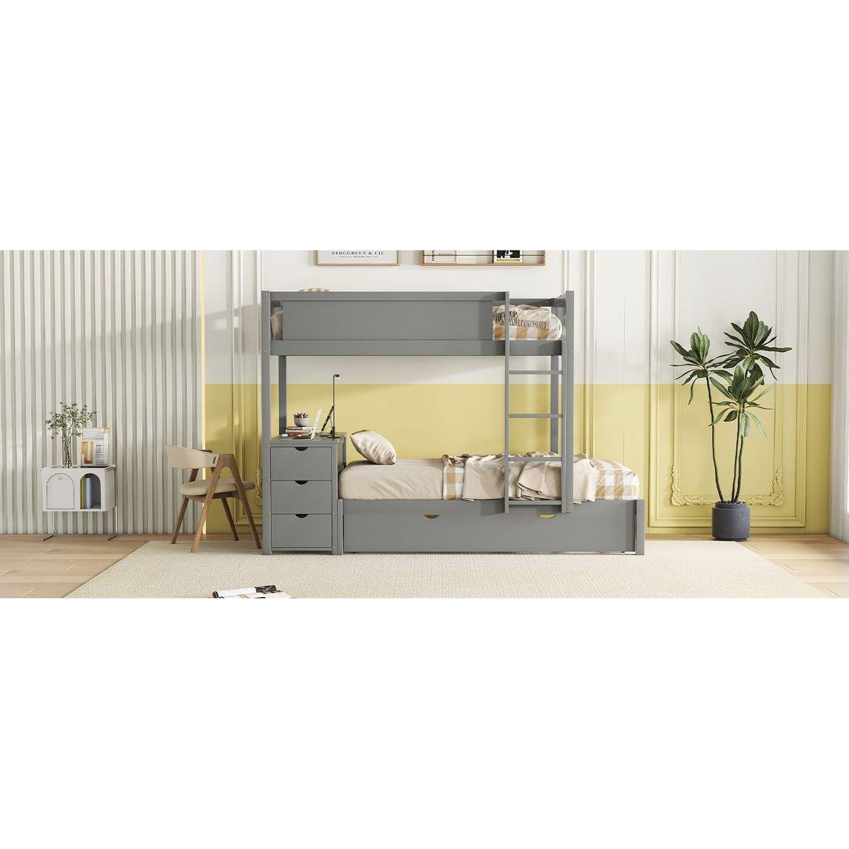Twin-Over-Twin Bunk Bed with Twin size Trundle, Storage and Desk, Gray
