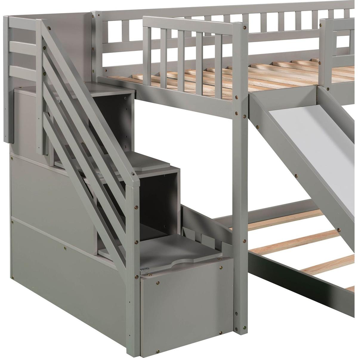 Stairway Twin over Twin Bunk Bed with Two Drawers and Slide, Gray