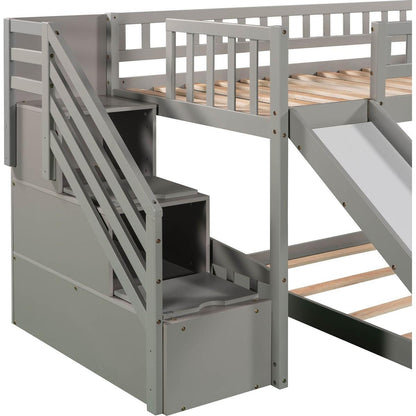 Stairway Twin over Twin Bunk Bed with Two Drawers and Slide, Gray