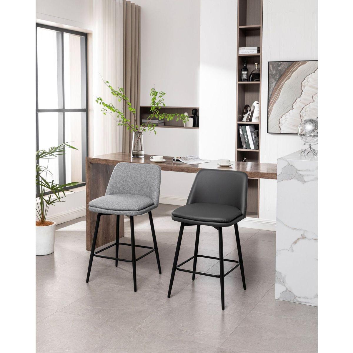 Counter Height Swivel Bar Stools Set of 2, 360 Swivel Upholstered Barstools with Back and Metal Legs, 25.6" Seat Height,Counter Stools for Kitchen Island and Pub,Linen Cloth,Grey