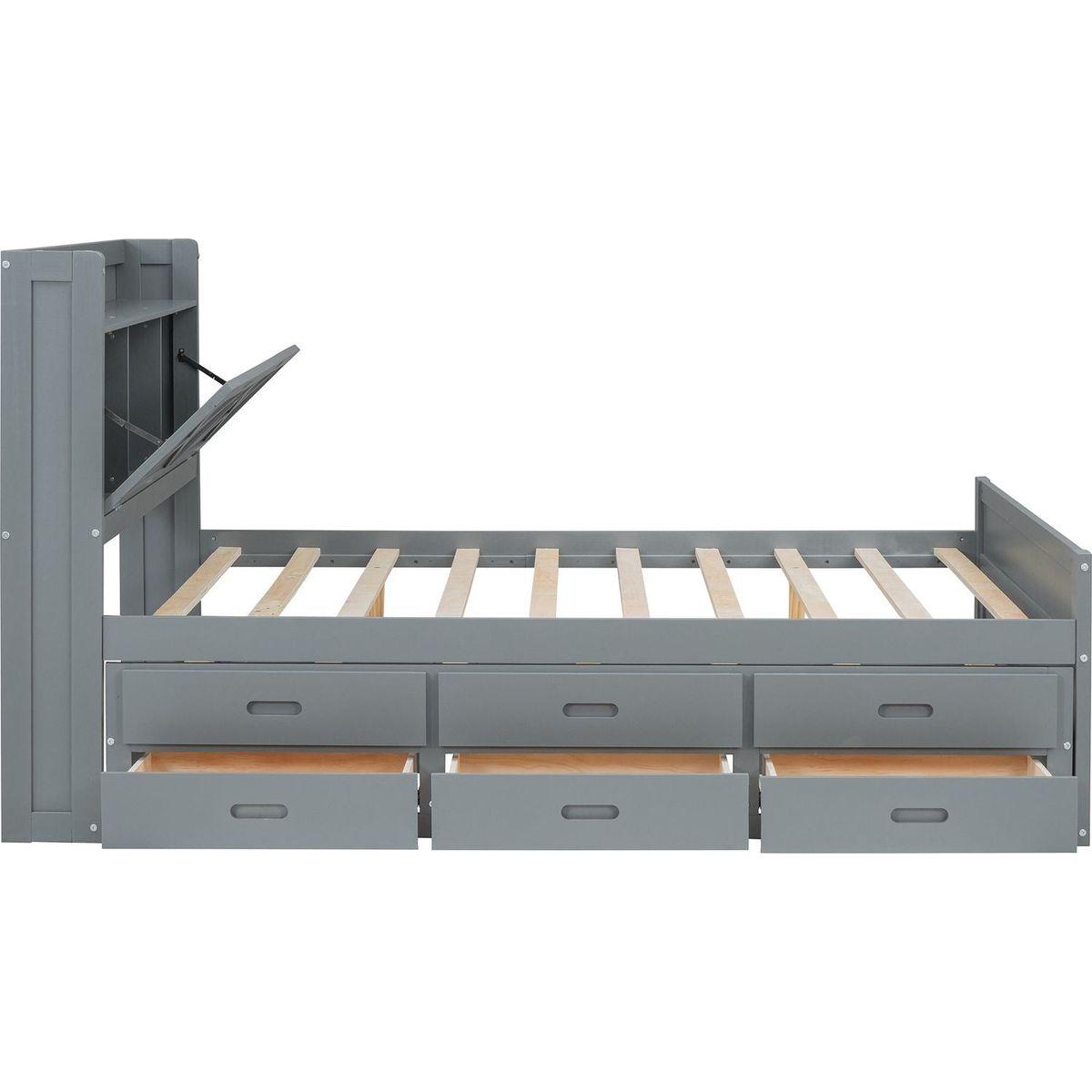 Full Size Wooden Bed with Storage Headboard with Outlets, Extendable Bed with Twin Size Trundle with Three Storage Drawers,Gray
