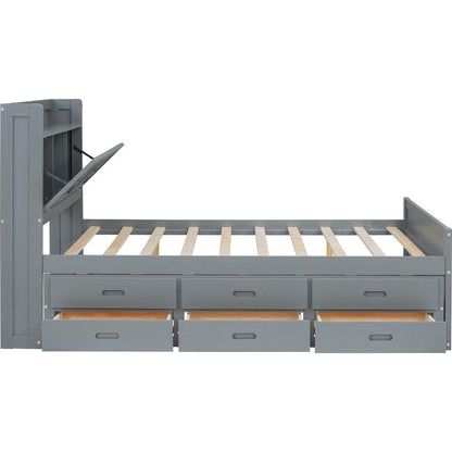 Full Size Wooden Bed with Storage Headboard with Outlets, Extendable Bed with Twin Size Trundle with Three Storage Drawers,Gray