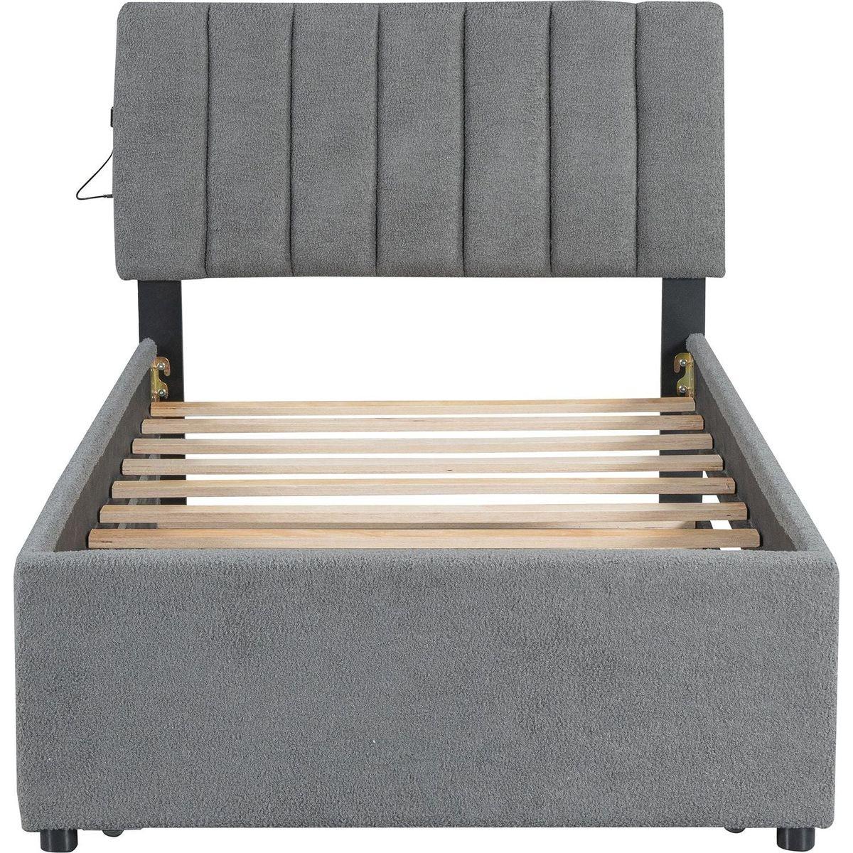 Teddy Fleece Twin Size Upholstered Platform Bed with Trundle, Gray
