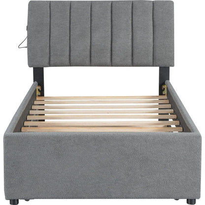 Teddy Fleece Twin Size Upholstered Platform Bed with Trundle, Gray