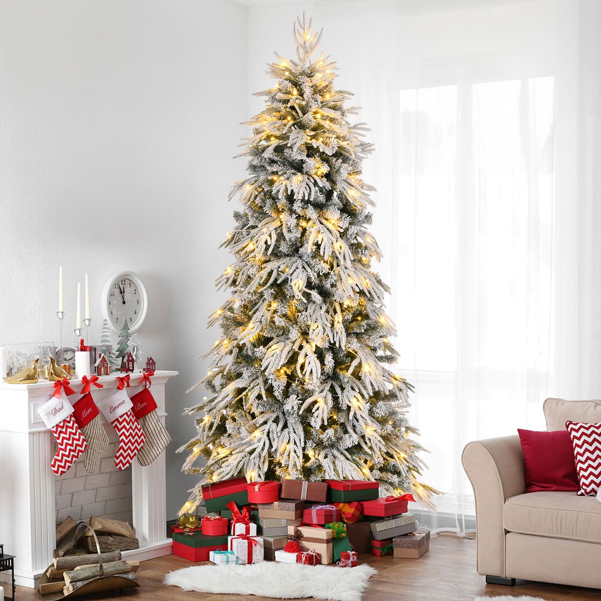 7ft Slim Flocked Christmas Tree Pre-lit w/ 767 Premium PE&PVC Tips, 250Warm White LED Lights, Skinny Noble Artificial Christmas Tree Easy Assembly for Home, Corner, Narrow Place