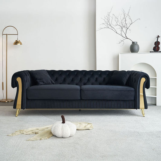 89''W Chesterfield Modern Tufted Velvet Living Room Sofa with Two Seat Cushions and Two Toss Pillows,Black