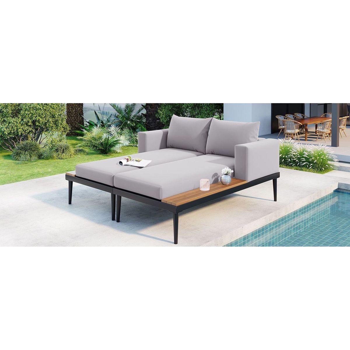 Modern Outdoor Daybed Patio Metal Daybed with Wood Topped Side Spaces for Drinks, 2 in 1 Padded Chaise Lounges for Poolside, Balcony, Deck, Gray