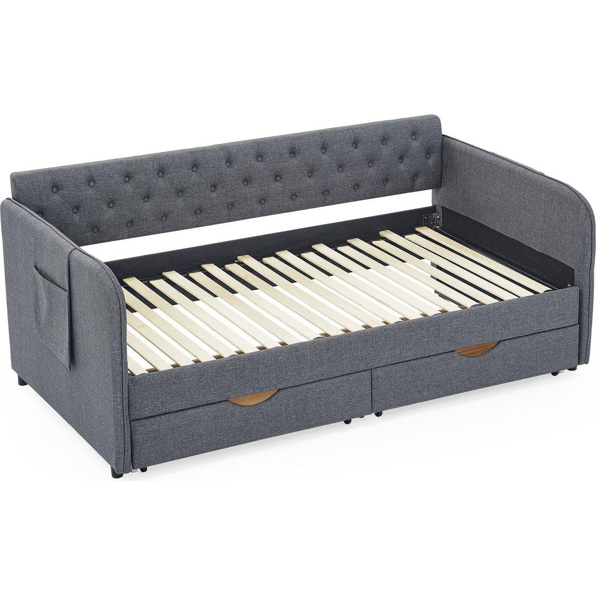 Twin Size Upholstery Daybed with Trundle Bed and Two Storage Drawers, Flat Arms with Pocket, Extendable Daybed for Bedroom Living Room,Linen Dark Gray