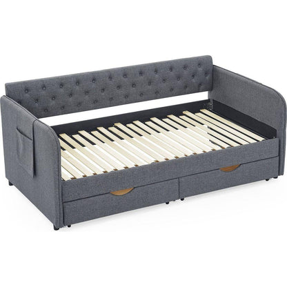 Twin Size Upholstery Daybed with Trundle Bed and Two Storage Drawers, Flat Arms with Pocket, Extendable Daybed for Bedroom Living Room,Linen Dark Gray