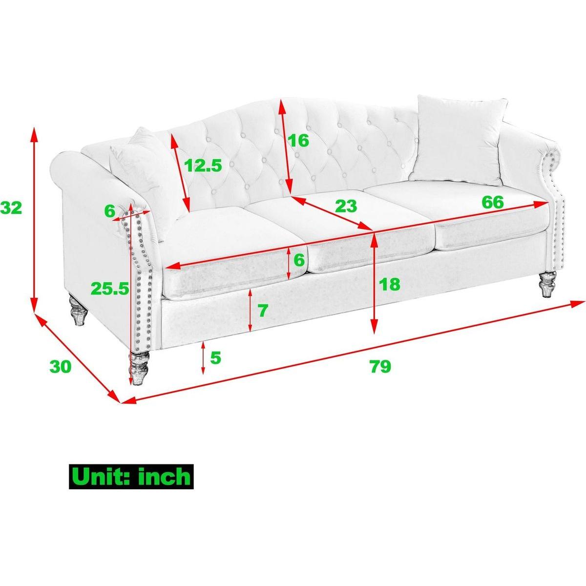 79" Chesterfield Sofa Beige Velvet for Living Room, 3 Seater Sofa Tufted Couch with Rolled Arms and Nailhead for Living Room, Bedroom, Office, Apartment, two pillows