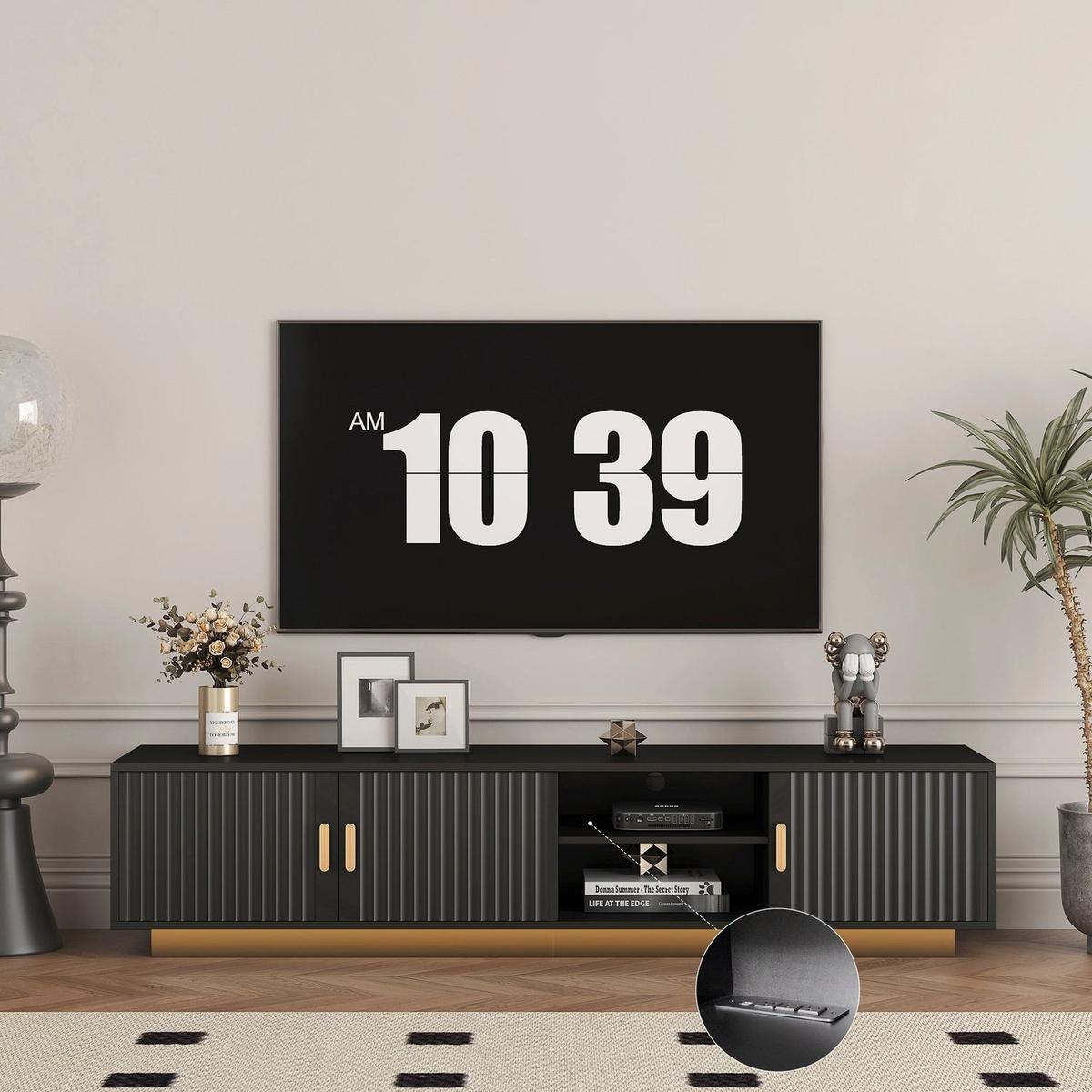 Mid Century Modern TV Stand with LED Lights for 80 Inch TV, Entertainment Center Wooden TV Stand, TV Stand Desk Media Cabinet with Storage for Living Room Bedroom