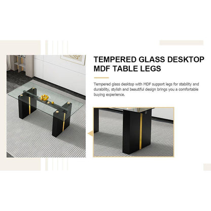 Table and chair set, large modern minimalist rectangular glass table, can accommodate 6-8 people, equipped with tempered glass tabletop and large MDF table legs, comfortable and minimalist chairs.