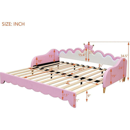 Twin Extending Daybed with LED Lights, Modern Upholstered Princess Daybed With Crown Headboard,Pink