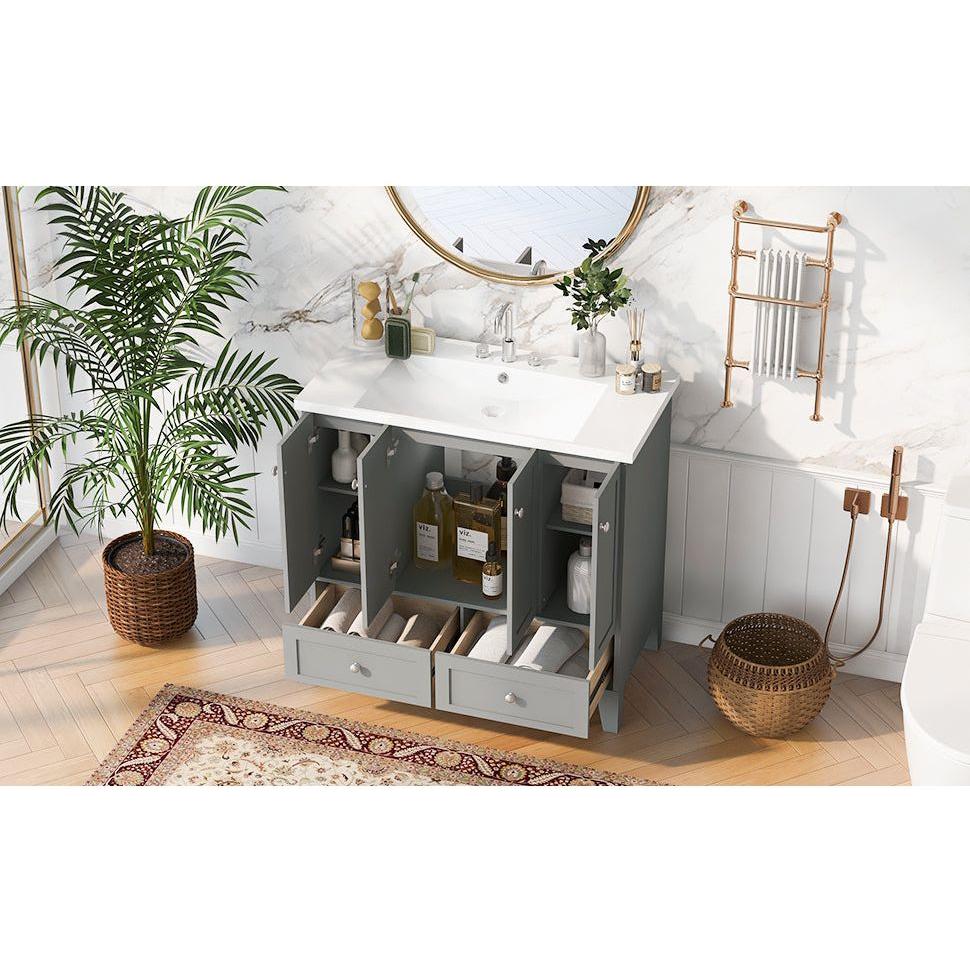 36" Bathroom Vanity with Resin Sink Combo,Solid Wood Frame Bathroom Storage Cabinet, Freestanding Vanity Set with 4 Soft Closing Doors& 2 Drawers