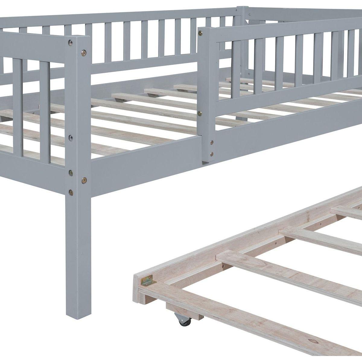 Twin Size Wood Daybed with Trundle and Fence Guardrails, Gray