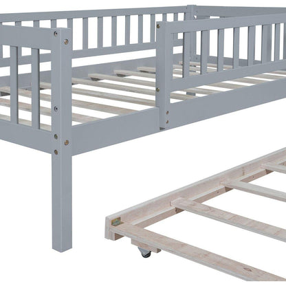 Twin Size Wood Daybed with Trundle and Fence Guardrails, Gray