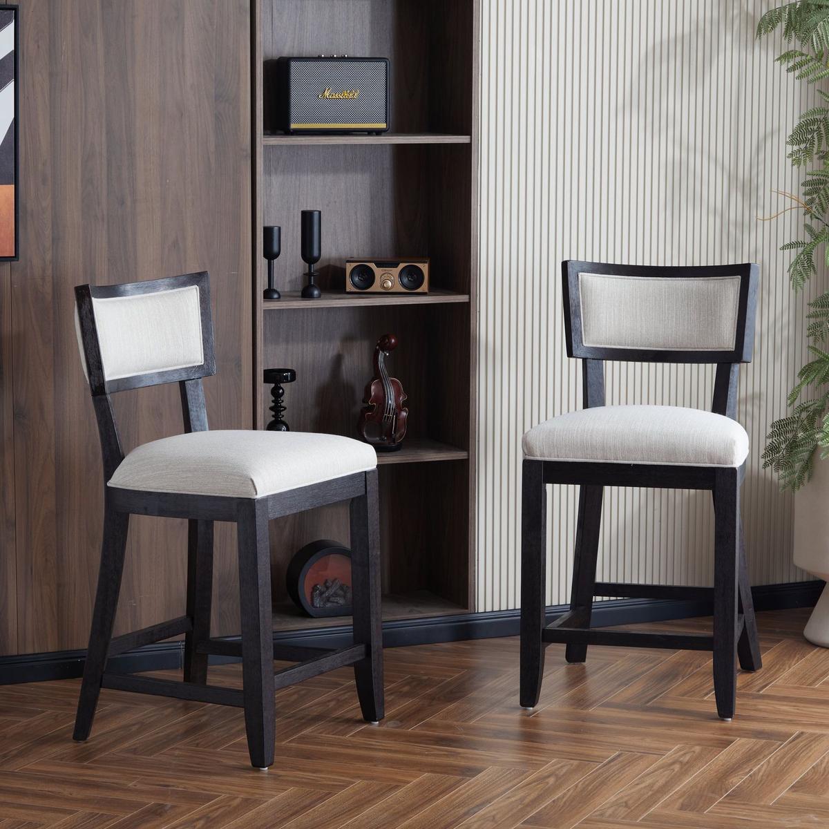 26.5" Counter Stools Set of 2, Upholstered Counter Height Bar Stools with Comfy Back, Solid Rubber Wood Frame, Backrest, Footrest, Armless Barstools for Home Bar, Kitchen Counter, Beige & Black