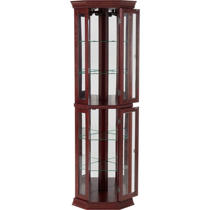 Corner Curio Cabinet with Lights, Adjustable Tempered Glass Shelves, Mirrored Back, Display Cabinet,Cherry (E26 light bulb not included)