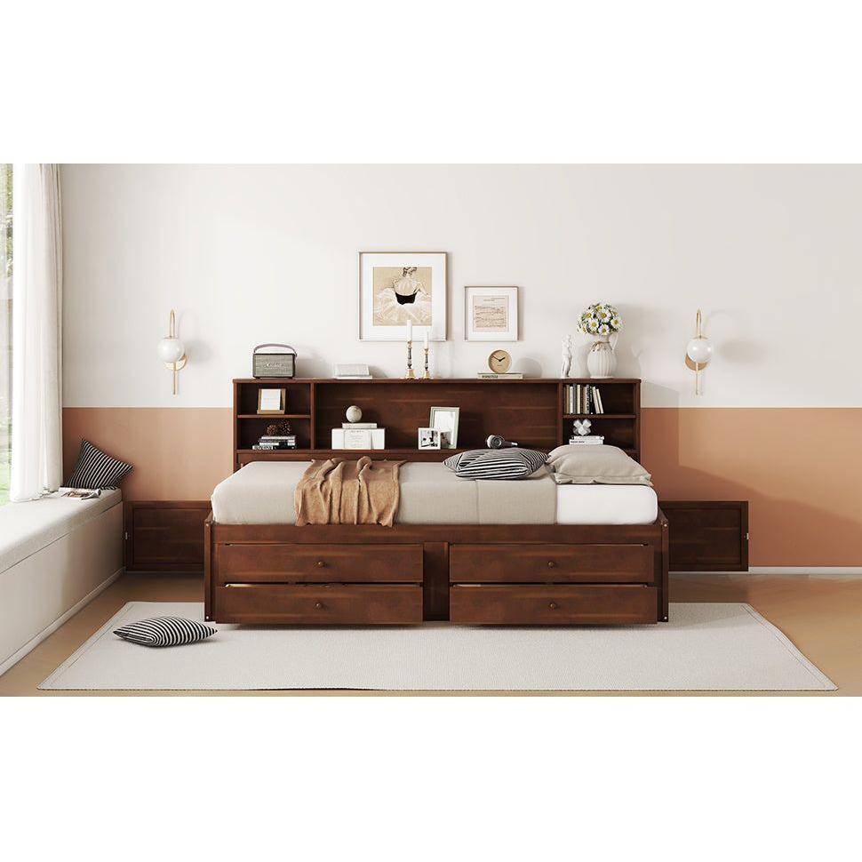 Full Size Wooden Captain Bed with Built-in Storage Shelves, 4 Drawers and 2 Cabinets, Antique Brown