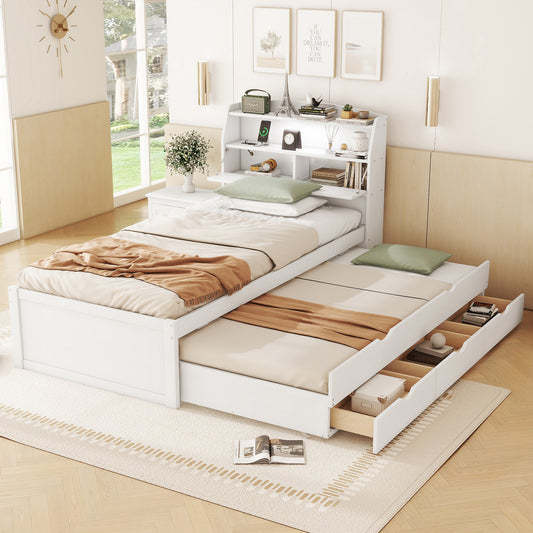Twin Size Wooden LED Platform Bed with Trundle, with Storage Headboard, with Drawers, White(Old SKU: N820S00008K)