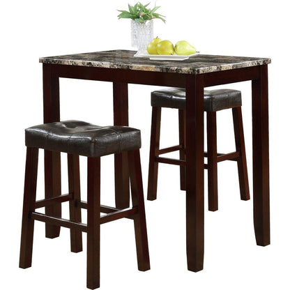 3-Piece Counter Height Glossy Print Marble Breakfast Table with Stools, Espresso