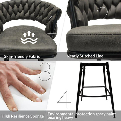 Technical Leather Woven Bar Stool Set of 2,Black legs Barstools No Adjustable Kitchen Island Chairs,360 Swivel Bar Stools Upholstered Counter Stool Arm Chairs with Back Footrest, (Tan)