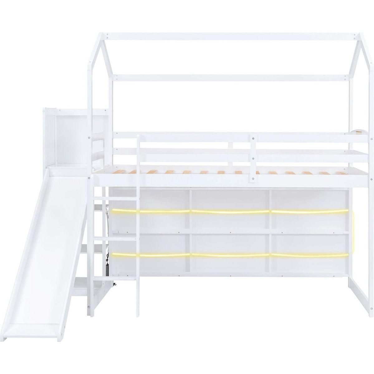 Twin Size Wood House Loft bed with Slide, Storage shelves and Light, White
