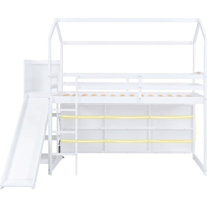 Twin Size Wood House Loft bed with Slide, Storage shelves and Light, White