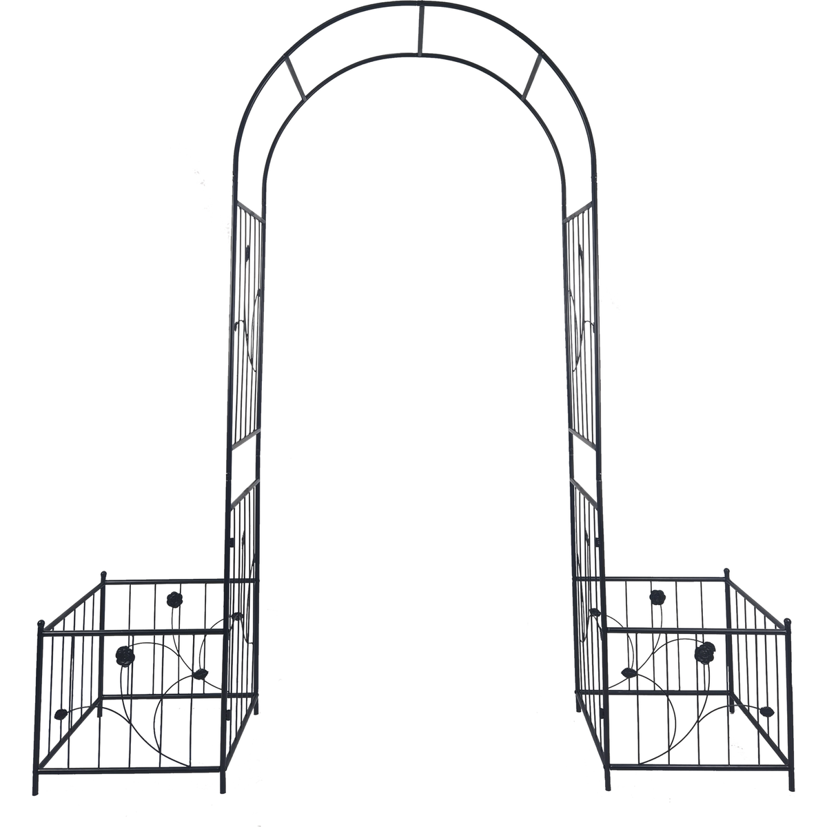 Metal Garden Arch with two plant stands 79.5" Wide x 86.6" High Climbing Plants Support Rose Arch Outdoor Black