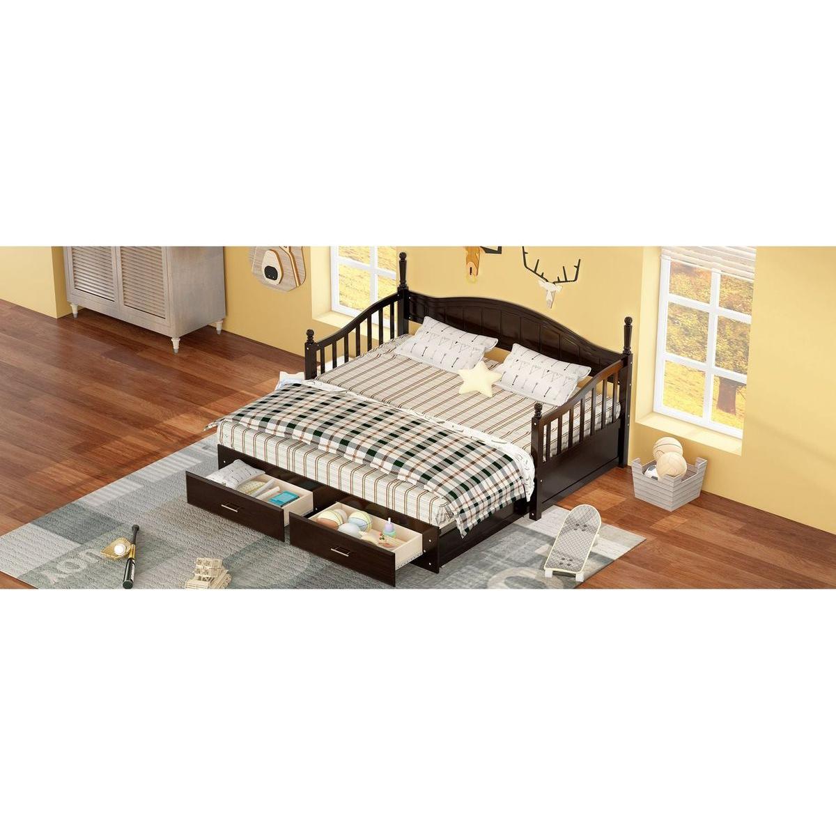 Wooden Twin Size Daybed with Twin Size Trundle, Extendable Daybed with Two Storage Drawers, Espresso