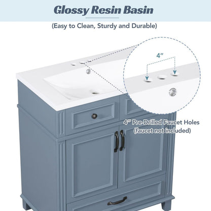 30" Bathroom Vanity with Resin Sink,Solid Wood Frame Bathroom Storage Cabinet with Soft Closing Doors,Retro Style, Blue