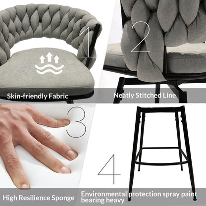 Bar Chair Linen Woven Bar Stool Set of 2,Black legs Barstools No Adjustable Kitchen Island Chairs,360 Swivel Bar Stools Upholstered Bar Chair Counter Stool Arm Chairs with Back Footrest, (Grey)