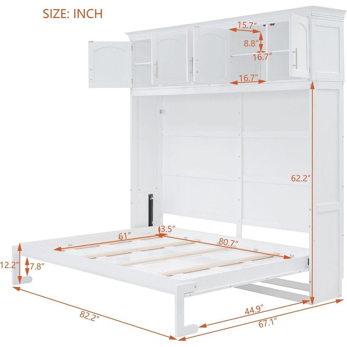 Queen Size Murphy Bed Wall Bed with Top Cabinets,White