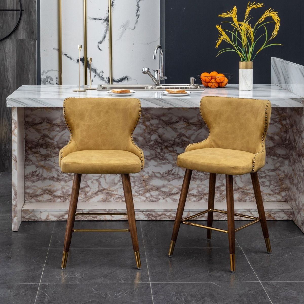 Nevis Mid-century Modern Faux Leather Tufted Nailhead Trim Counter Stool Set of 2, Yellow