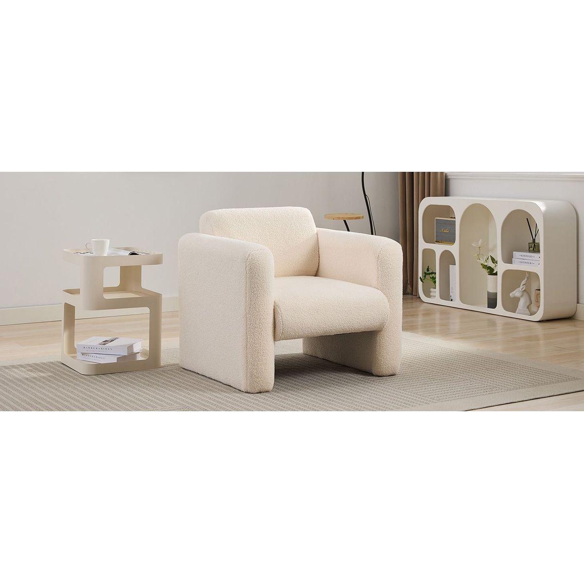 Modern Accent Chair Lambskin Sherpa Fabric Upholstered Comfy Reading Arm Chair Soft Padded Armchair with Back and Pillow for Living Room Bedroom Reception Waiting Room Office, Cream