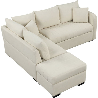 82.6" L-shaped Sectional Pull Out Sofa Bed Sleeper Sofa with Two USB Ports, Two Power Sockets and a Movable Storage Ottoman, Beige