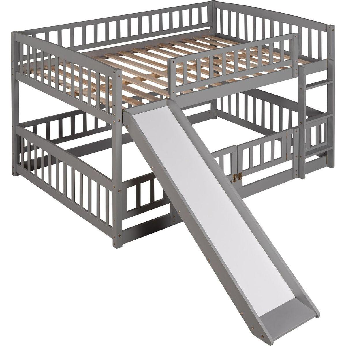 Bunk Bed with Slide,Full Over Full Low Bunk Bed with Fence and Ladder for Toddler Kids Teens Gray