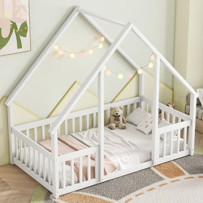 Twin Wood House-Shaped Floor Bed with Fence, Guardrails, White